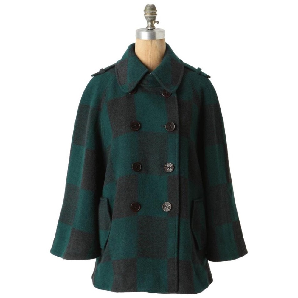 Anthropologie Green and Black Plaid Cape